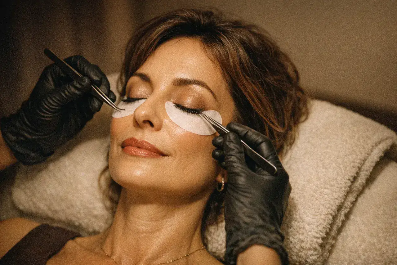 Cliente recevant une pose d'extensions de cils dans une cabine d'institut, ambiance professionnelle apaisée
